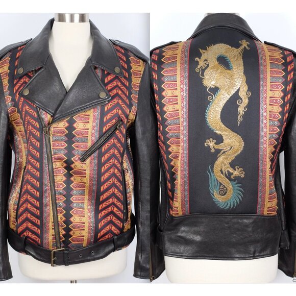ETRO leather jacket 48 US 12 dragon embroidered black brocade - Picture 1 of 16